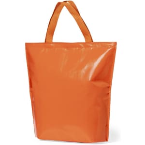 An orange cooler bag with sturdy handles and a glossy finish. The bag features a logo.