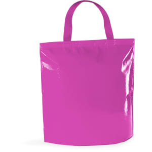 A bright pink cooler bag with two handles and a glossy finish, featuring a logo on the front.
