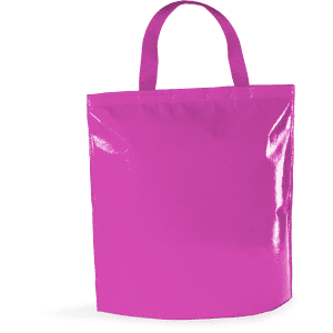 A bright pink cooler bag with a glossy finish and two sturdy handles. It features a logo on the front.