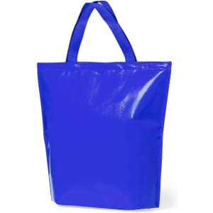 A blue cooler bag with sturdy handles and a shiny exterior, featuring a simple design and a logo.