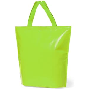 A bright green cooler bag with sturdy handles, featuring a glossy finish and a simple design.