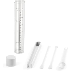 A clear measuring cylinder with a white cap, tweezers, a stirrer, and a spoon, all in white.