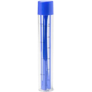 A clear cocktail shaker with a blue lid, featuring measurement markings inside for precise mixing.