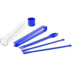 A blue cocktail set including a measuring cylinder, spoon, tweezers, and stirrers, presented with a storage cap.