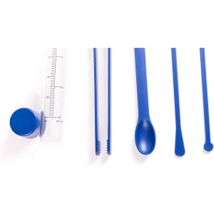 A blue cocktail set featuring a measuring cup, stirring sticks, and a mixing spoon, all in vibrant blue.
