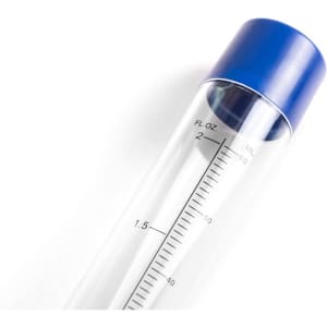 A clear drink bottle with a blue cap, featuring measurement marks in fluid ounces and millilitres.