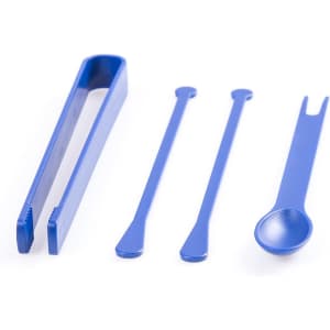 A blue cocktail set including a tongs, three stirrers, and a spoon, all arranged neatly.