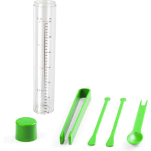 A transparent measuring cylinder with green accessories, including a cap, tweezers, and measuring tools.
