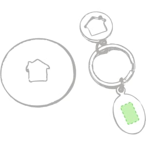 A keyring featuring a metallic design with a house symbol and a round coin attachment. It has a sleek silver finish.