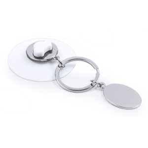 A metallic keyring with a round coin component, featuring a plain back and a small raised section.