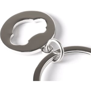 A silver keyring with a circular design featuring an outline cutout. It includes a connecting ring for keys.
