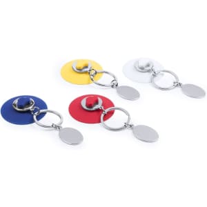 A keyring set featuring three circular designs in blue, red, yellow, and white, with shiny metal elements.
