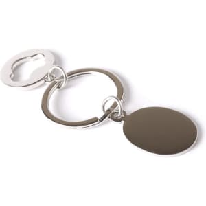 A silver keyring featuring a split ring and a round pendant for engraving. The design is sleek and minimalist.