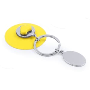A yellow keyring with a circular disc attachment and a silver keyring, featuring a small raised element.