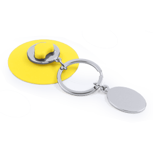 A yellow keyring coin with a silver keyring attachment and a plain disc for personalisation.