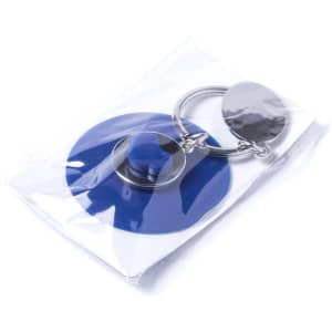 A blue Coltax keyring coin featuring a circular design, enclosed in a clear plastic packaging.