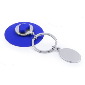 A blue keyring with a round keychain and a metal disc attachment for customisation. Includes a branding logo.
