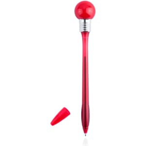 A red pen with a spherical top and a removable cap, featuring a silver detailing.