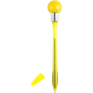 A yellow pen featuring a round top and a silver band, with a cap positioned next to it.
