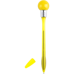 A yellow pen with a round cap and a shiny silver accent, featuring a removable cap.
