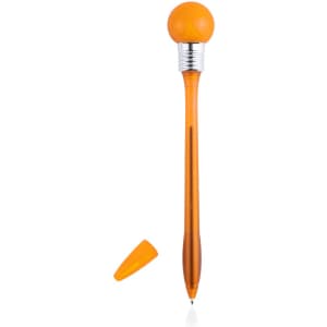 An orange pen with a spherical top and a removable cap, featuring a shiny silver band.