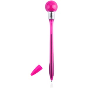 A pink pen with a round top and silver details, featuring a removable cap.