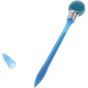 A blue pen with a rounded top and a removable cap, featuring a shiny silver band near the top.