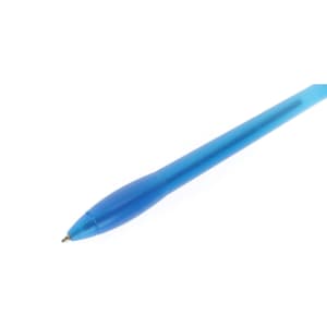 A blue pen with a smooth design and a round tip, featuring a simple logo.