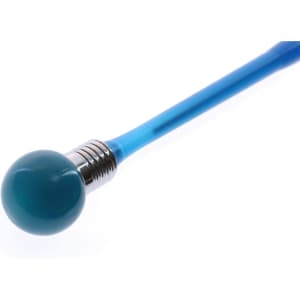 A blue pen with a rounded teal top and a shiny silver clip. It features a logo on its body.