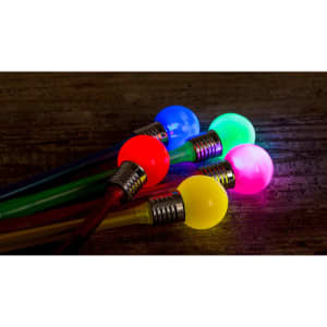 A collection of brightly coloured pens with bulb-shaped tops in red, blue, green, pink, and yellow, featuring silver accents.
