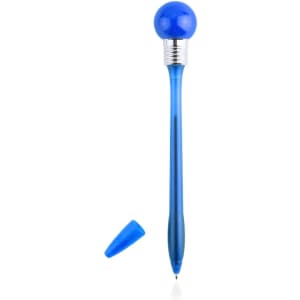 A blue pen with a spherical cap and a silver band, alongside its matching cap.
