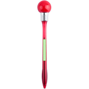 A red pen with a spherical top and a silver accent, featuring a green section on the barrel.