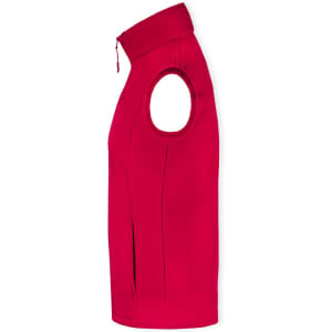 A red sleeveless vest with a high collar and a zippered front, featuring a side opening and a logo.