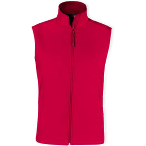 A red sleeveless vest with a high collar and front zip. The vest features a logo on the chest.