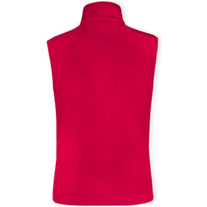 A red, sleeveless vest with a high collar, featuring branding on the back.