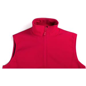 A red vest with a high collar and front zipper, featuring a logo on the fabric.