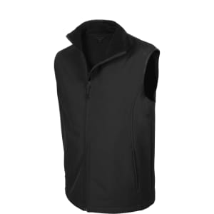 A black vest with a zippered front and a high collar, featuring a logo on the chest.