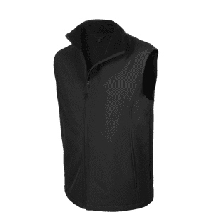 A black sleeveless vest with a zip front and a high collar. The vest has a streamlined design and features branding.