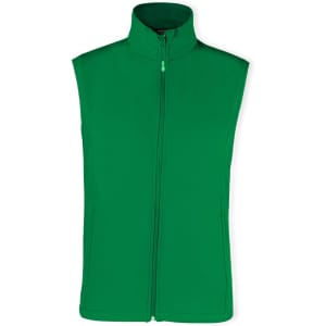A green, sleeveless vest with a high collar and a zip front. It features a logo.