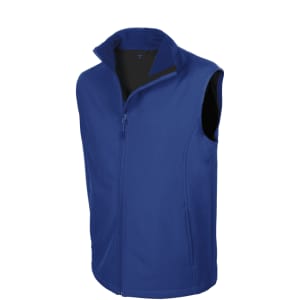 A blue vest with a zip front and a high collar, featuring a logo on the fabric.