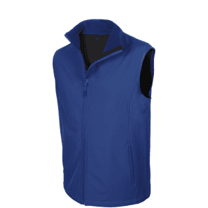A blue vest with a high collar and a front zip, featuring a logo on the chest.