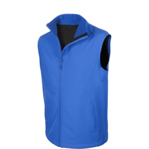 A blue vest with a high collar and zip closure, featuring a sleek design and an inner layer.