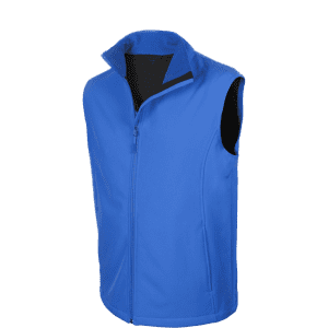 A blue vest featuring a zip front and a high collar. The vest has a branding logo.