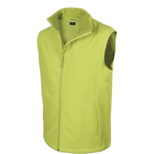 A bright yellow vest with a zip front and high collar, featuring an armhole design and a logo.