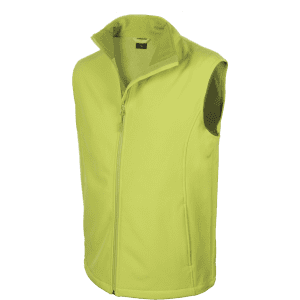 A bright yellow vest with a zip front and no sleeves, featuring side pockets and a collar. It has a logo on it.