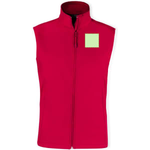 A red vest with a zip front, featuring a square patch area for branding or personalisation.
