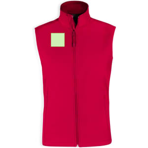 A red vest with a high collar and front zipper, featuring a small green square on the upper left.