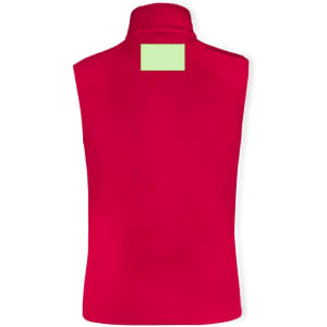 A red vest with a high collar and a blank patch on the back. It features a logo on the front.