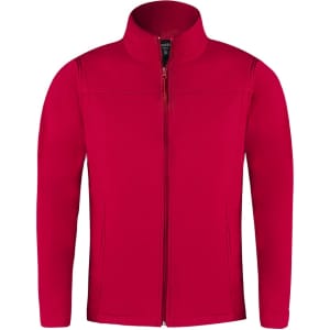 A red soft shell jacket with a zip front and a collar, featuring a logo on the chest.