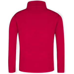 A red soft shell jacket with a high collar and long sleeves, featuring a logo on the back.